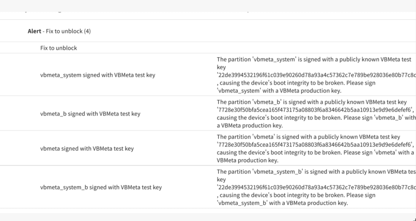 Verified-boot alerts: vbmeta partitions signed with test keys