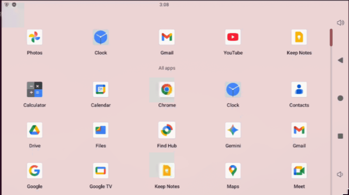 Android launcher on the device with GMS apps, mirrored to a desktop