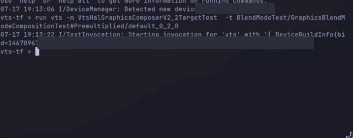 VTS test invocation running against the device (serial redacted)