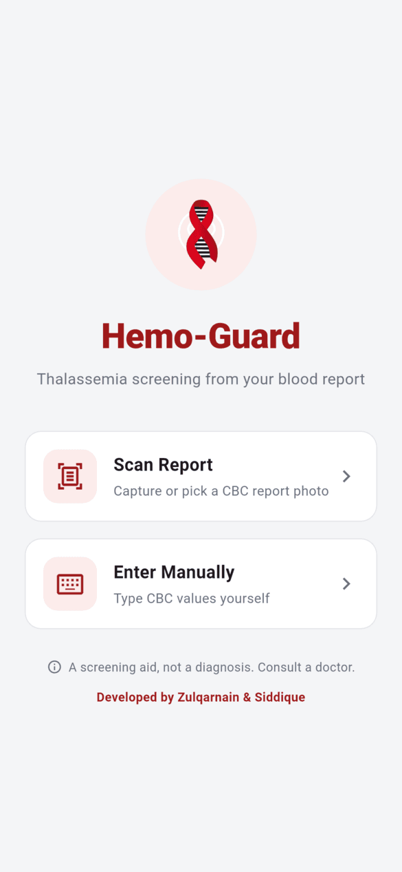 HemoGuard home screen with Scan Report and Enter Manually options