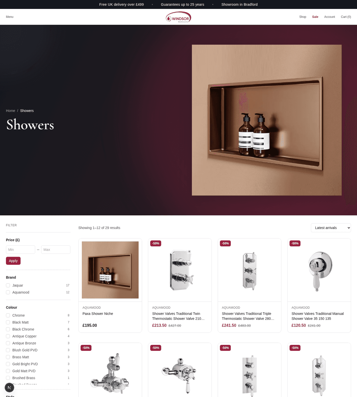 Showers category page with filters by price, brand and colour