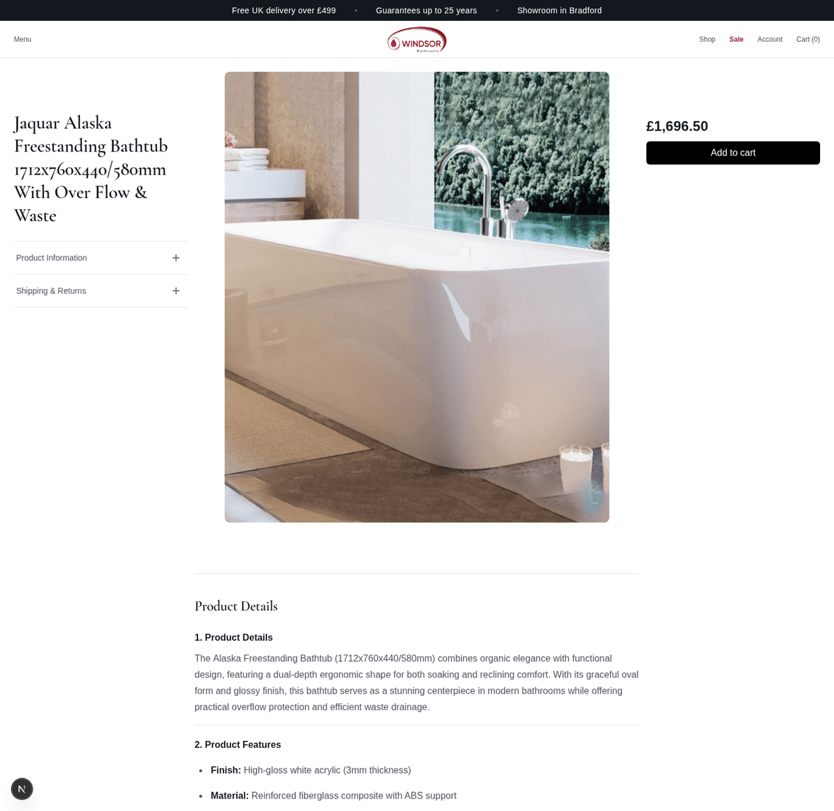Product page for a freestanding bathtub with price and add to cart